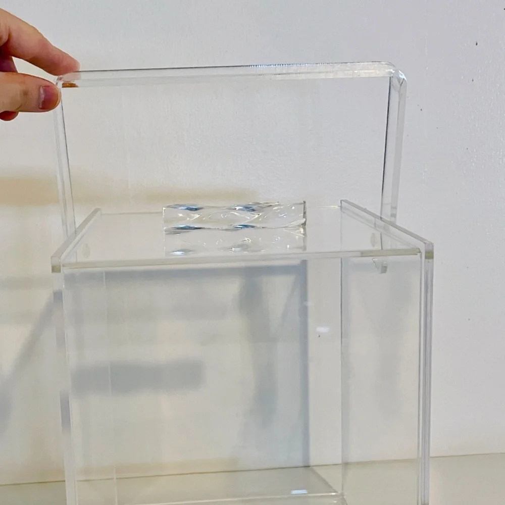 Clear Transparent Lucite Acrylic Rectangular Lidded Box with Handle Vintage MCM